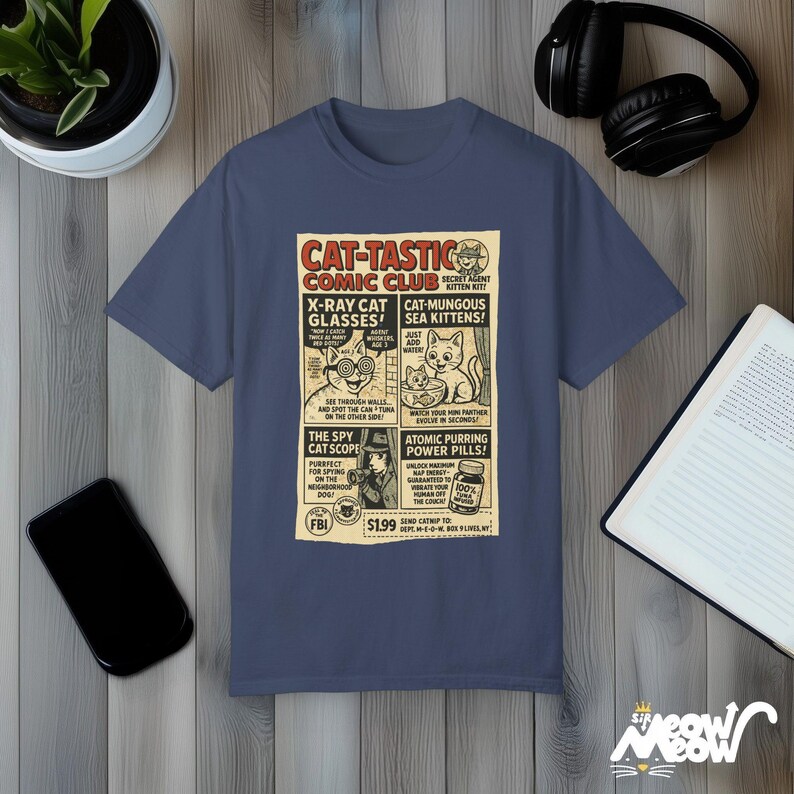 Funny Cat Comic Shirt: Vintage "Cat-Tastic Comic Club" Tee Midnight