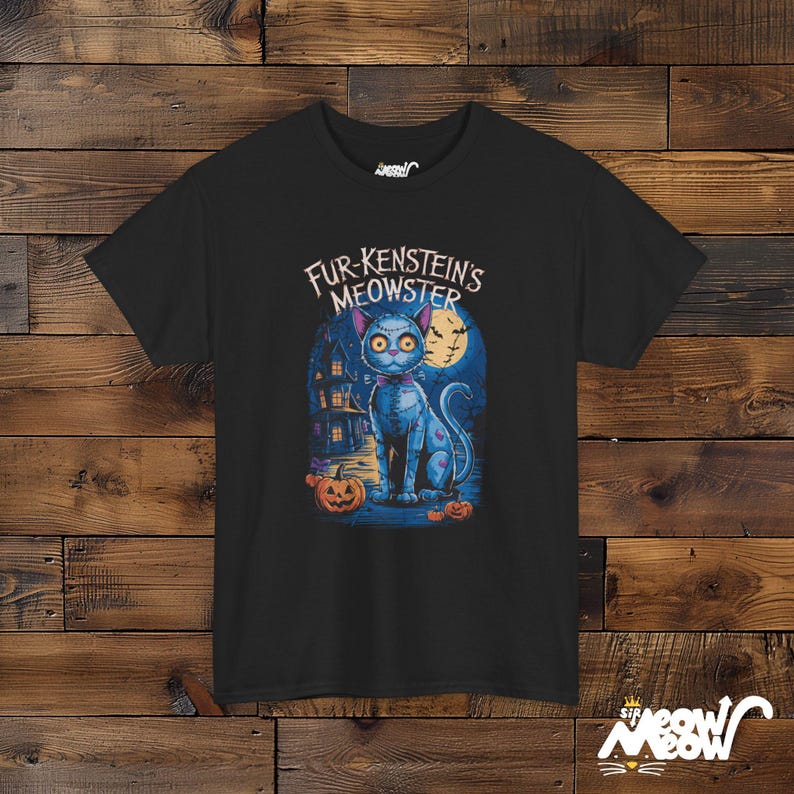 Koszulka unisex Fur-Kenstein's Meowster Halloween Cat, upiorny wzór Frankenstein Cat zdjęcie 3