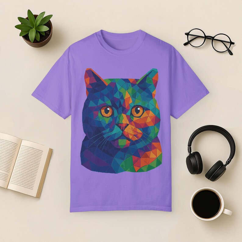Geometric Cat Shirt: Abstract Rainbow Art Tee image 6