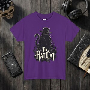 The Hat Cat Gothic T-Shirt, Spooky Halloween Cat Lover Tee Purple