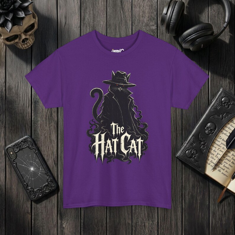 The Hat Cat Gothic T-Shirt, Spooky Halloween Cat Lover Tee Purple