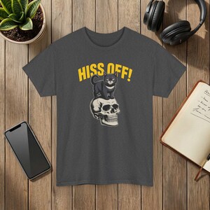 Hiss Off! Funny Cat Skull Graphic Unisex T-Shirt Dark Heather