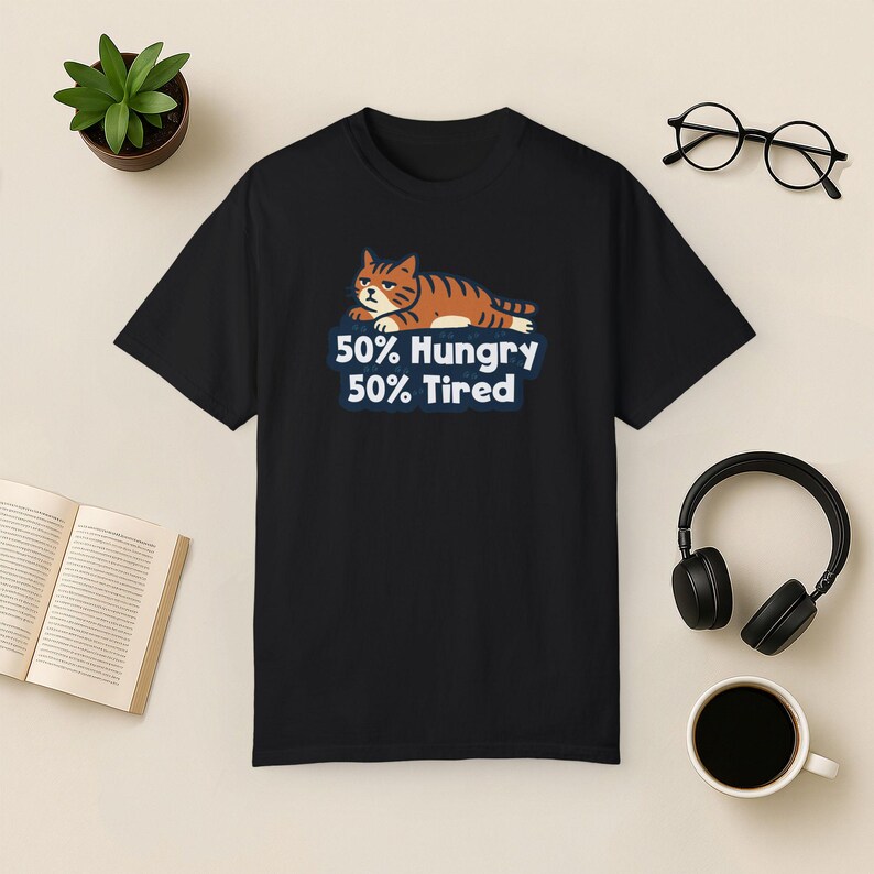 Funny Cat Comfort Colors T-Shirt, Hungry Tired Tabby Tee Black