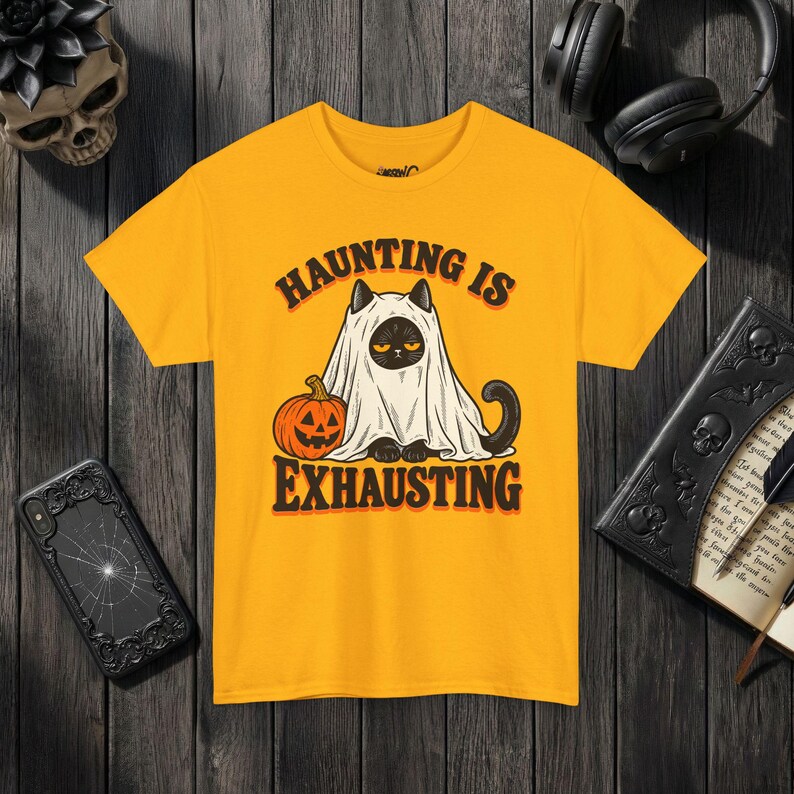 Funny Cat Ghost Shirt, Haunting Is Exhausting Halloween Tee, Retro Spooky Season Gift Gold