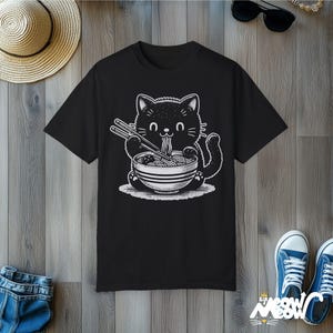 Kawaii Cat Eating Ramen T-Shirt: Comfort Colors Tee, Gift for Cat Lovers Black