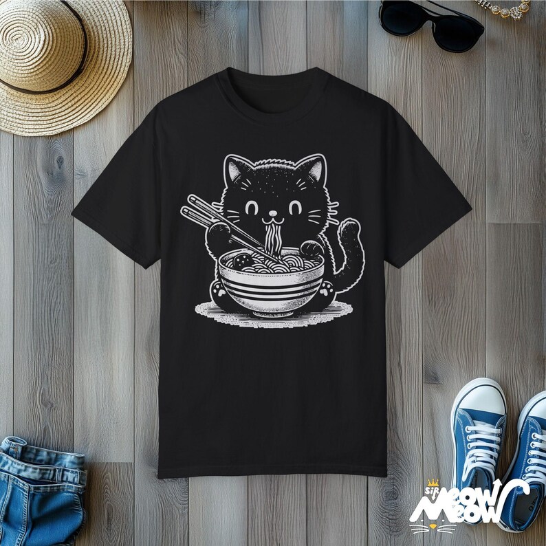 Kawaii Cat Eating Ramen T-Shirt: Comfort Colors Tee, Gift for Cat Lovers Black