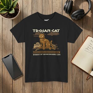 Trojan Cat Shirt, Funny Greek Mythology History Tee, Ancient Greece Cat Lover Gift Black