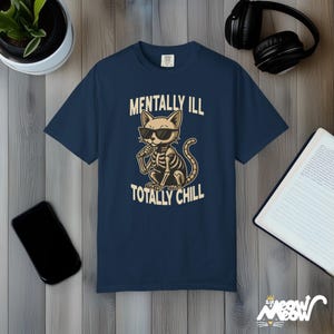 Comfort Colors Skeleton Cat Shirt: Funny Mental Health Tee True Navy
