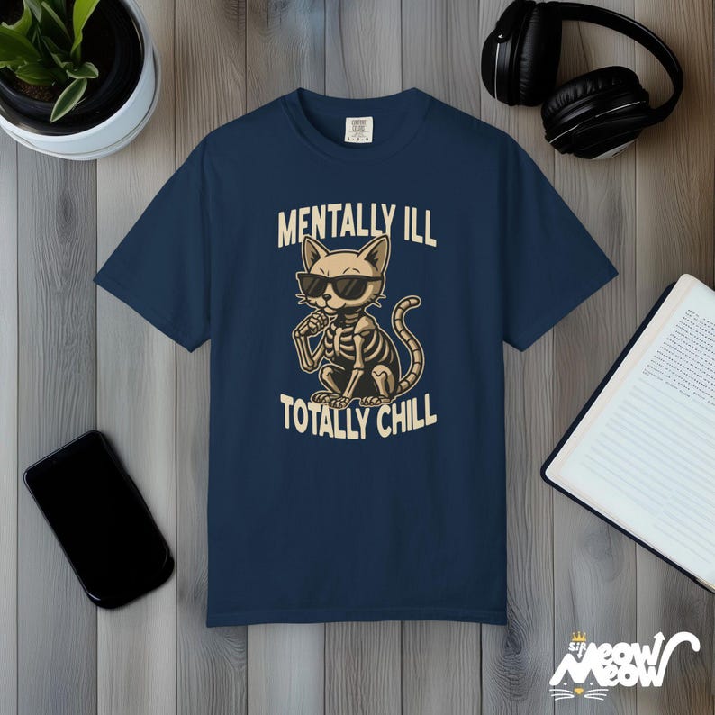 Comfort Colors Skeleton Cat Shirt: Funny Mental Health Tee True Navy