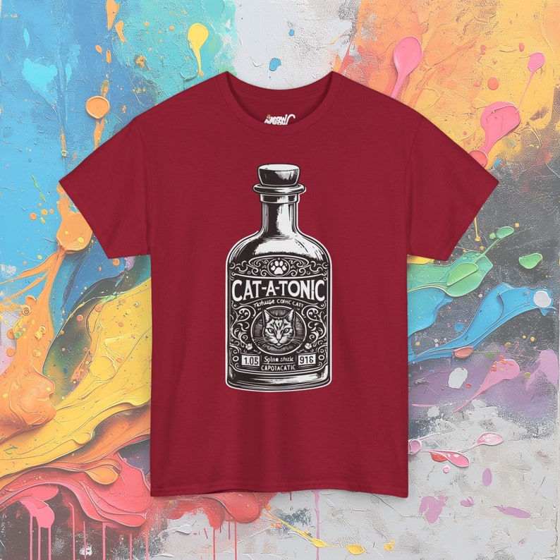 Cat-A-Tonic T-Shirt: Vintage Bottle Graphic, Funny Cat Pun image 8