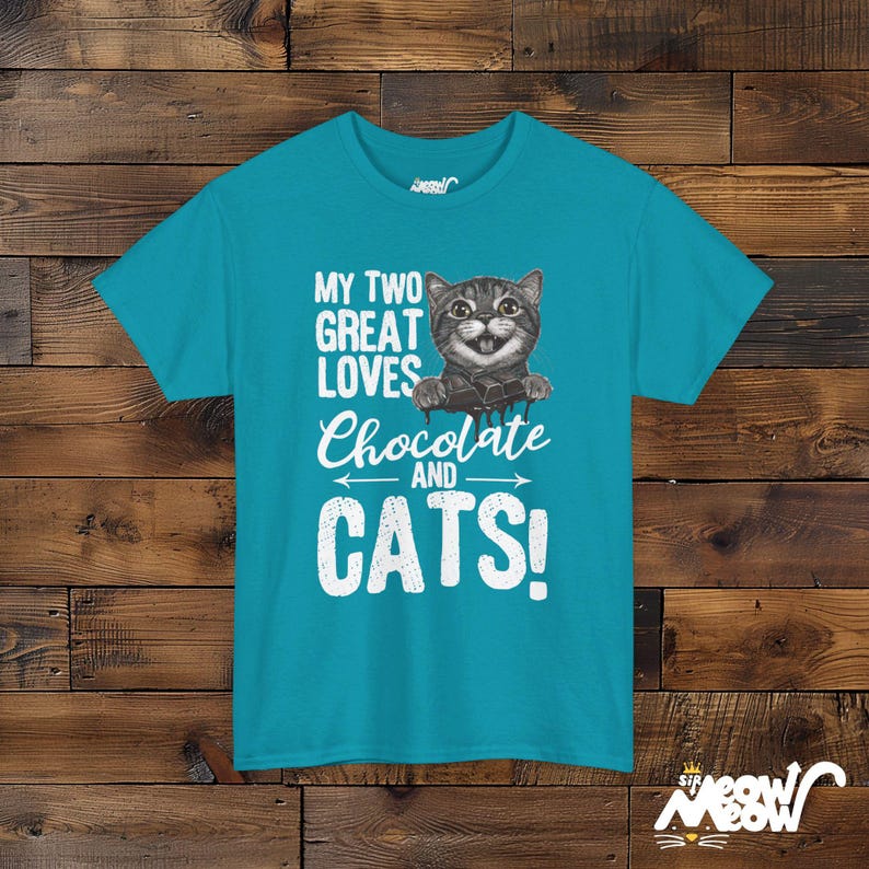 Chocolate and Cats T-Shirt: Playful Graphic Tee, Cat Lover Gift Tropical Blue
