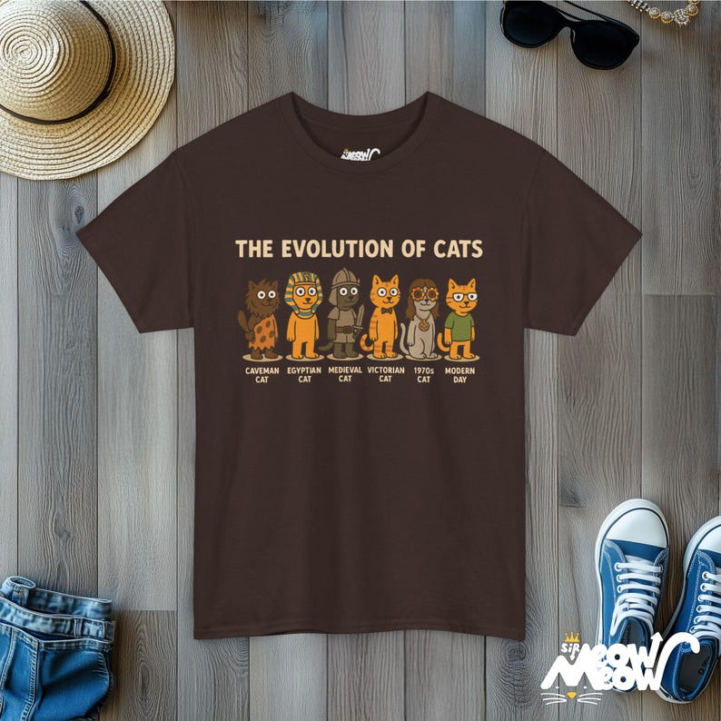 Evolution of Cats T-Shirt: Funny History Timeline Graphic Tee Dark Chocolate