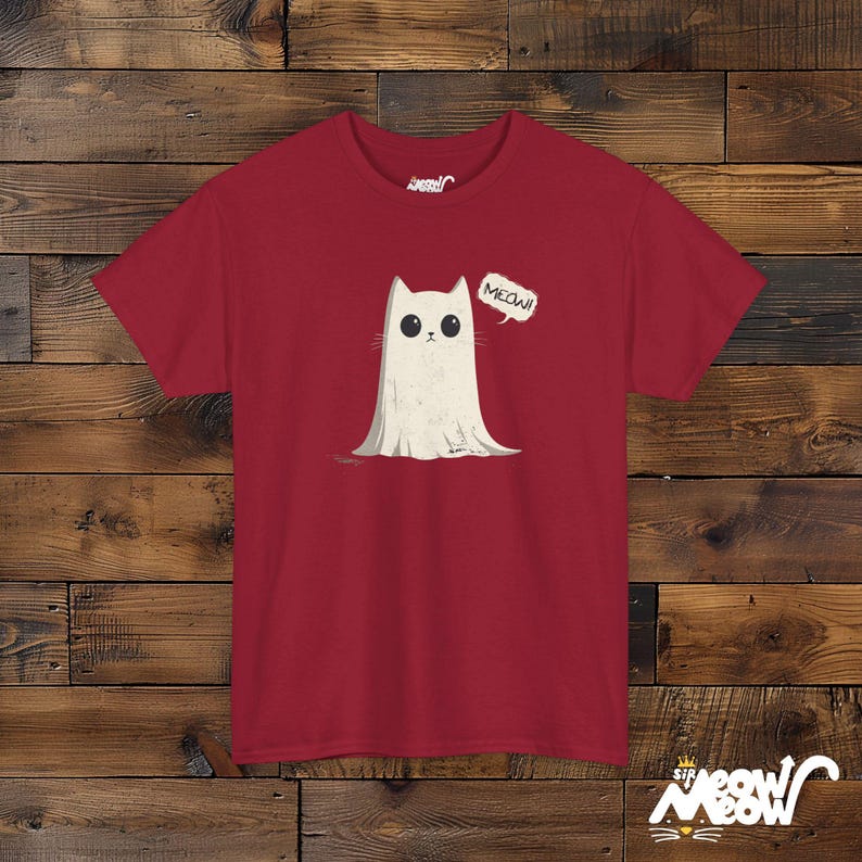 Ghost Cat T-Shirt: Meow-loween Unisex Tee Cardinal Red