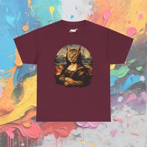 T-shirt Mona Lisa : parodie d'art Da Vinci, cadeau pour amoureux des félins Maroon