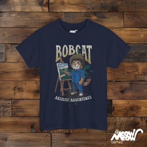 Funny Bobcat Artist T-Shirt: Cat Lover Painting Gift Navy
