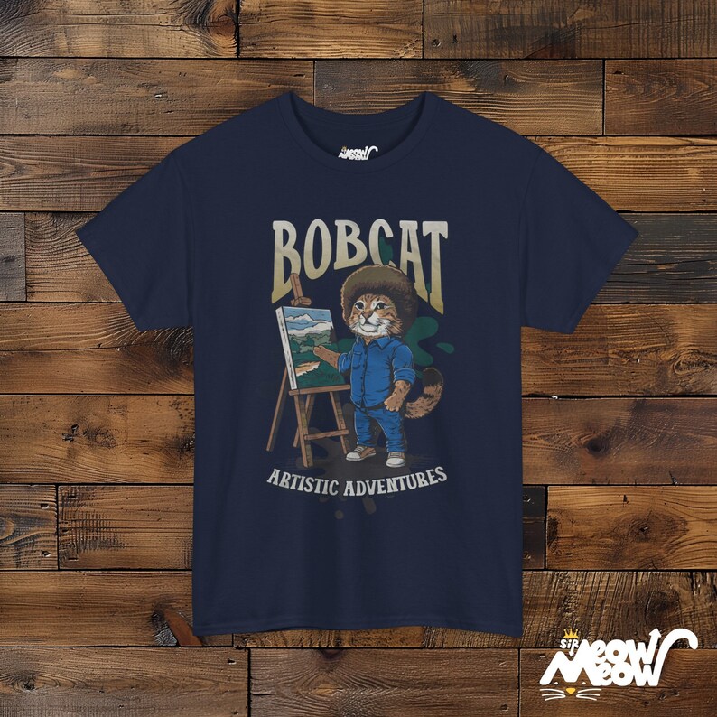 Funny Bobcat Artist T-Shirt: Cat Lover Painting Gift Navy