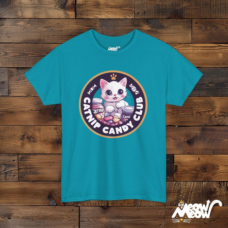 Catnip Candy Club T-Shirt - Funny Cat Lover Gift - Whimsical Kitten Design Tropical Blue