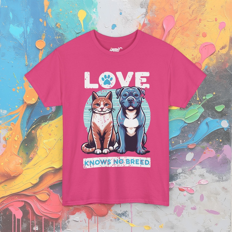 Love Knows No Breed T-Shirt: Cat & Dog Equality Tee Heliconia