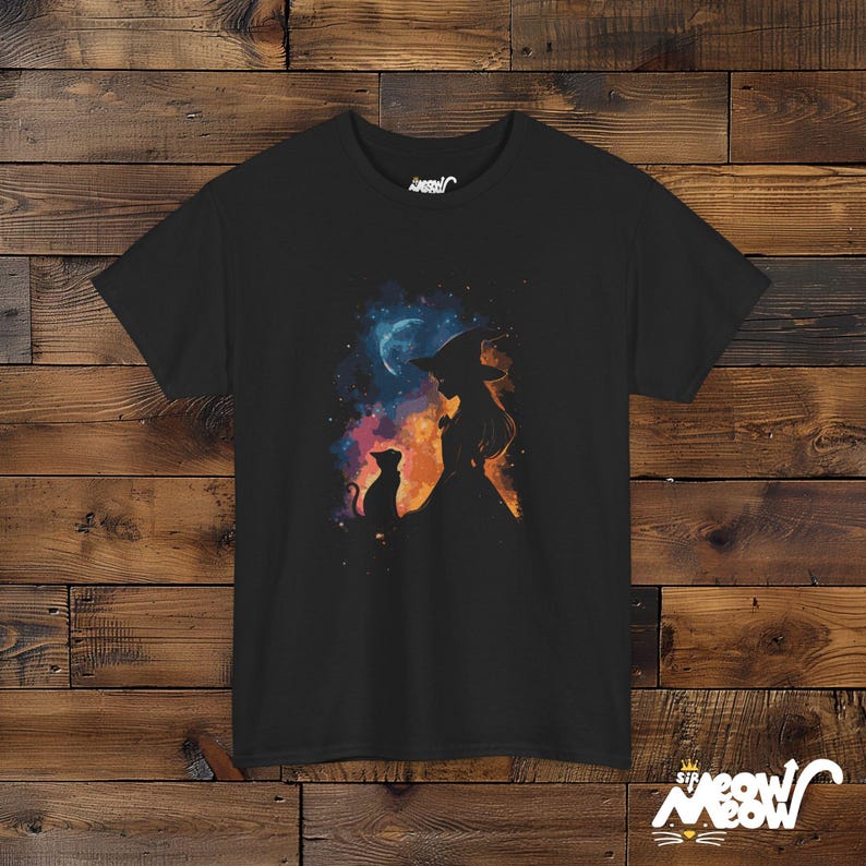 Mystical Witch and Cat T-Shirt - Halloween Witchy Vibes Tee - Cosmic Cat Lover Gift image 3