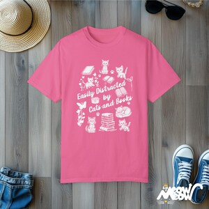 Easily Distracted by Cats and Books T-Shirt: Bookworm Cat Mom Tee Crunchberry