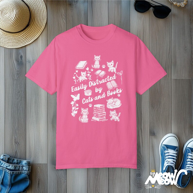 Easily Distracted by Cats and Books T-Shirt: Bookworm Cat Mom Tee Crunchberry
