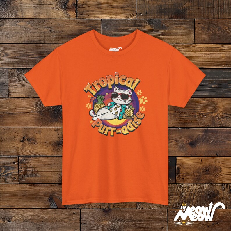 Tropical Cat T-Shirt: Funny Beach Purr-adise Tee Orange