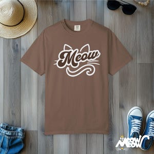 Meow Script Cat T-Shirt: Retro Kitty Comfort Colors Tee Espresso