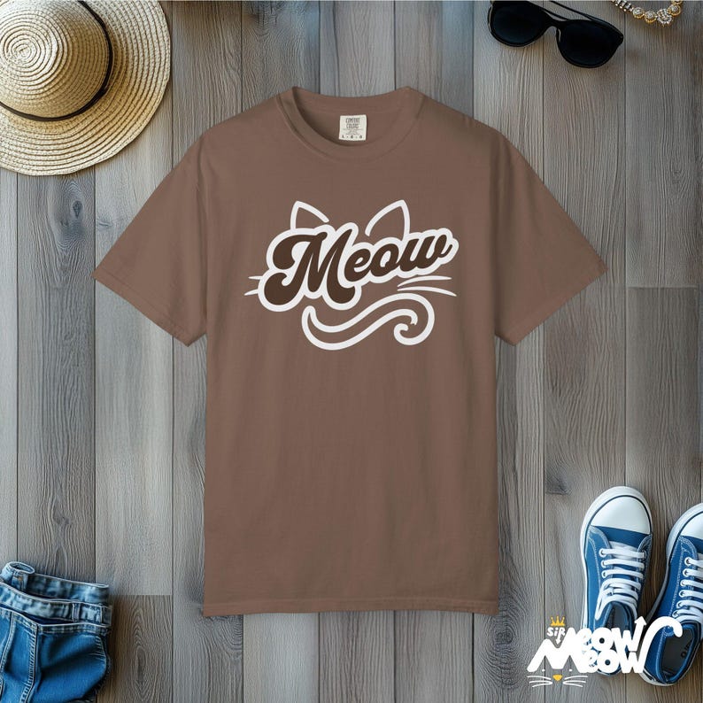 Meow Script Cat T-Shirt: Retro Kitty Comfort Colors Tee Espresso