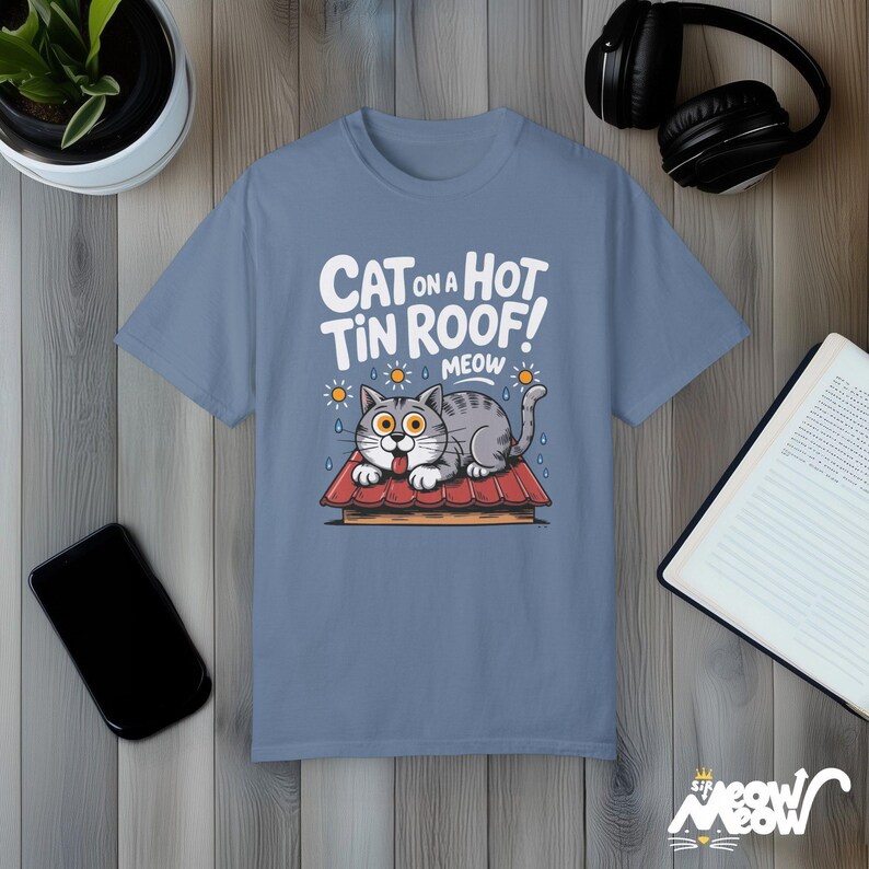 Funny Cat on a Hot Tin Roof T-Shirt: Theater Parody Tee Blue Jean