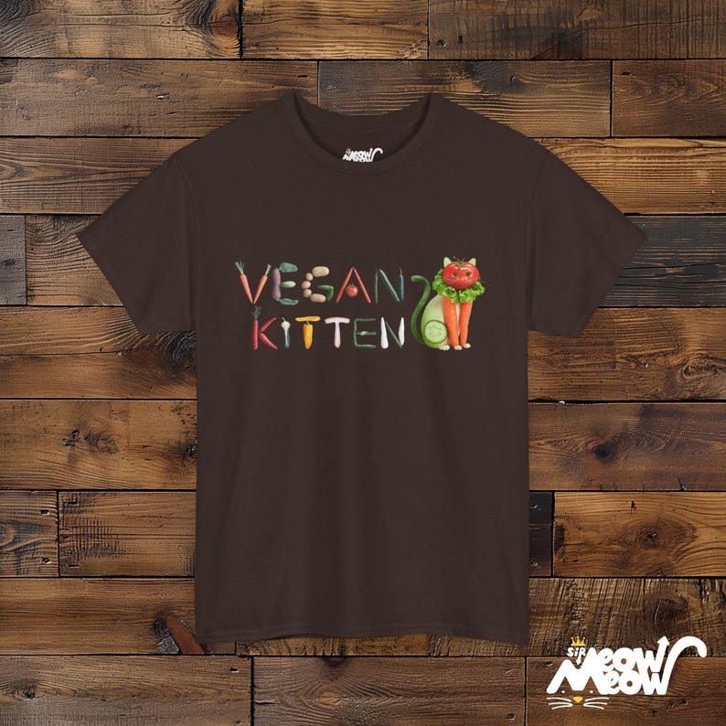 Camiseta vegana de gatito: diseño divertido de gato vegetariano, camiseta ecológica Dark Chocolate