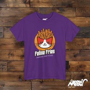 Feline Fries T-Shirt: Funny Cat Fast Food Tee Purple