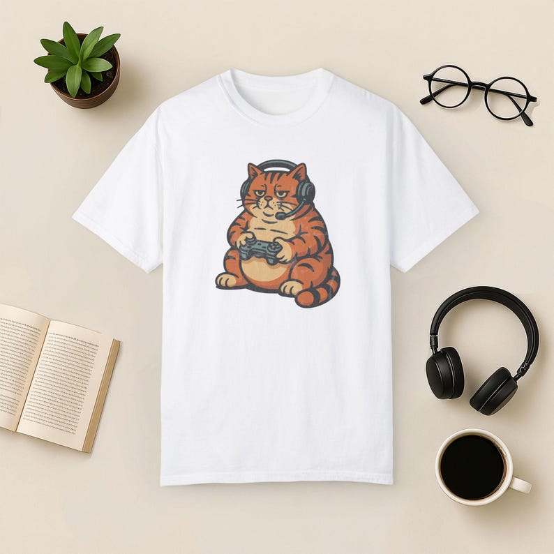 Camiseta Gamer Cat Comfort Colors: Divertida camiseta de videojuegos con un gato perezoso White