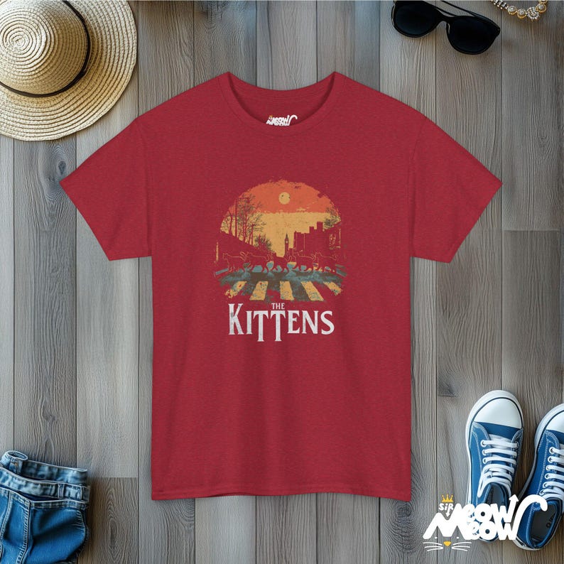 The Kittens Cat Band T-Shirt: Funny Beatles Parody Tee Antique Cherry Red
