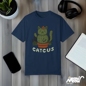 Funny Cactus Cat Graphic T-Shirt – Plant Lover Pun Tee True Navy