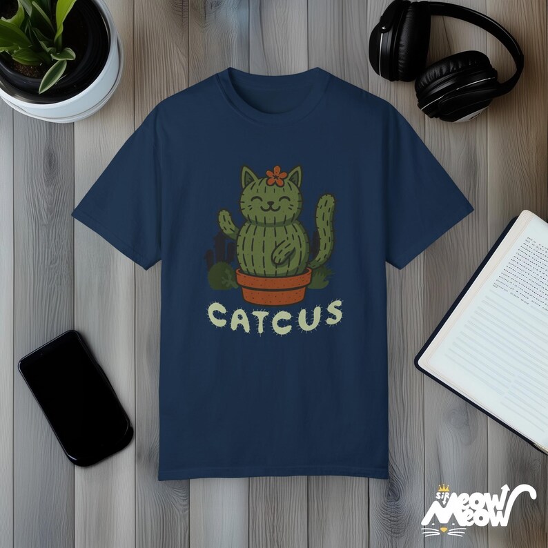 Funny Cactus Cat Graphic T-Shirt – Plant Lover Pun Tee True Navy