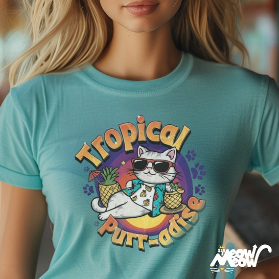 Tropical Cat T-Shirt: Funny Beach Purr-adise Tee