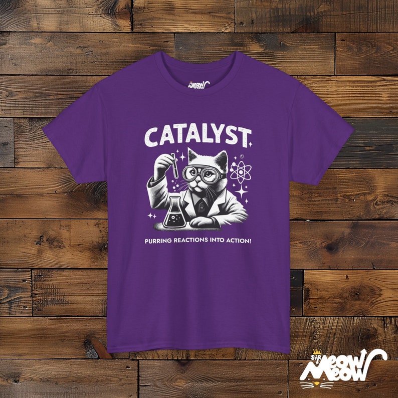 Funny Cat Scientist T-Shirt: Catalyst Unisex Tee, Science Lover Gift Purple