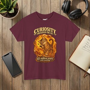 Curiosity Preserved the Cat T-Shirt, Funny Cat in Amber, Science Lover Gift Maroon