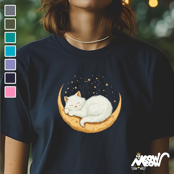 Sleeping Cat on Crescent Moon T-Shirt | Dreamy Night Sky Tee | Celestial Cat Lover Gift