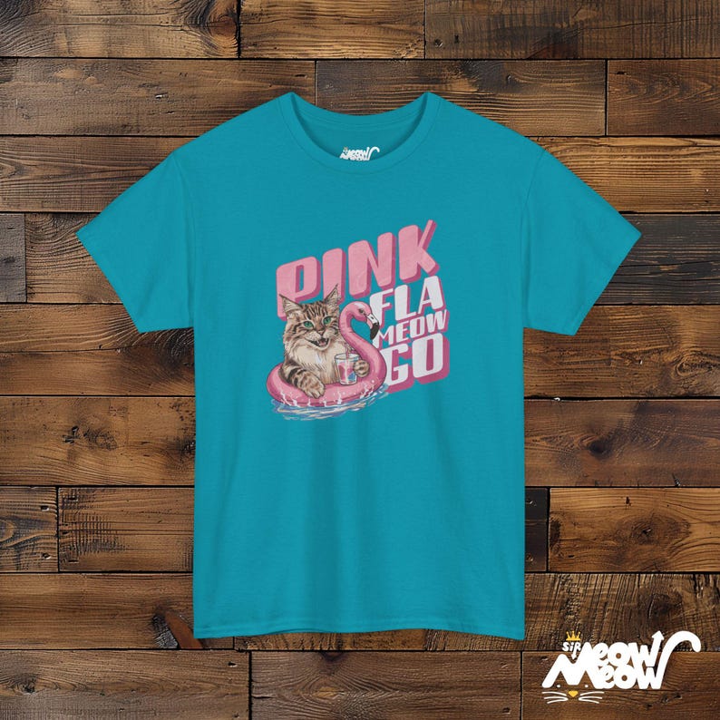 Lustiges Flamingo Katzen-T-Shirt - Retro Pink Fla-MEOW-Go Float Design - Lustiges Geschenk für Katzenliebhaber Tropical Blue
