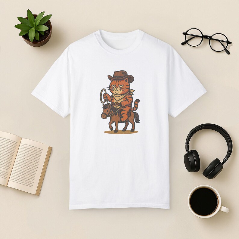 Cowboy Cat Comfort Colors Tee: Funny Rodeo Graphic T-Shirt White