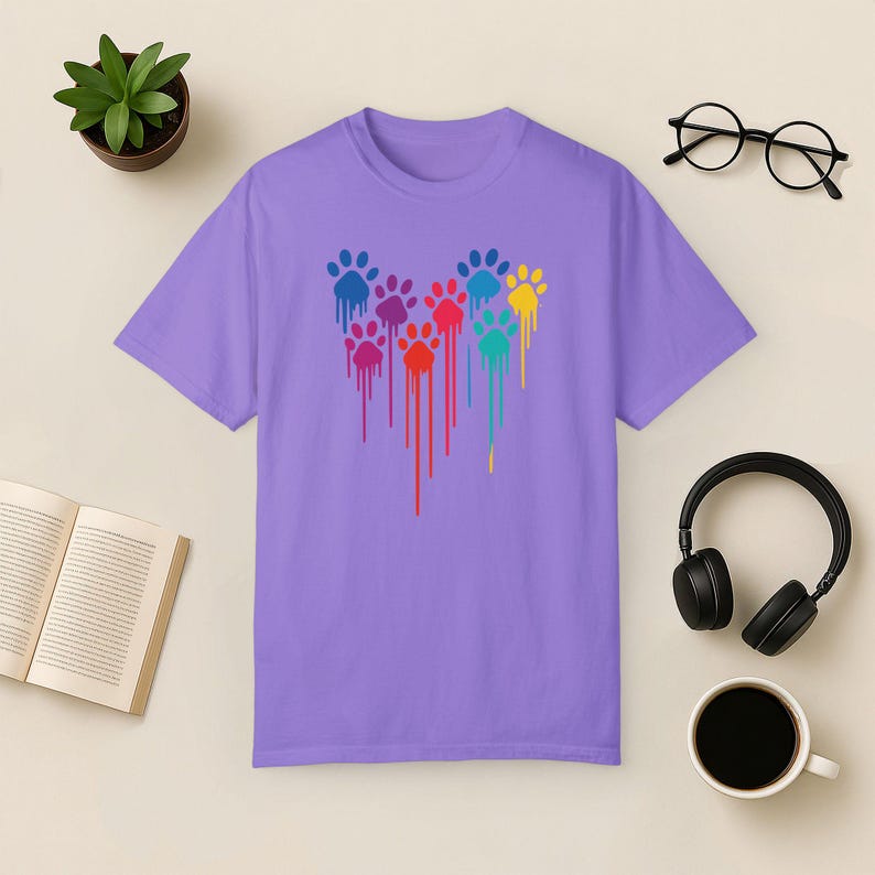 Camiseta con estampado de corazón y pata de arcoíris - Comfort Colors Tee Violet