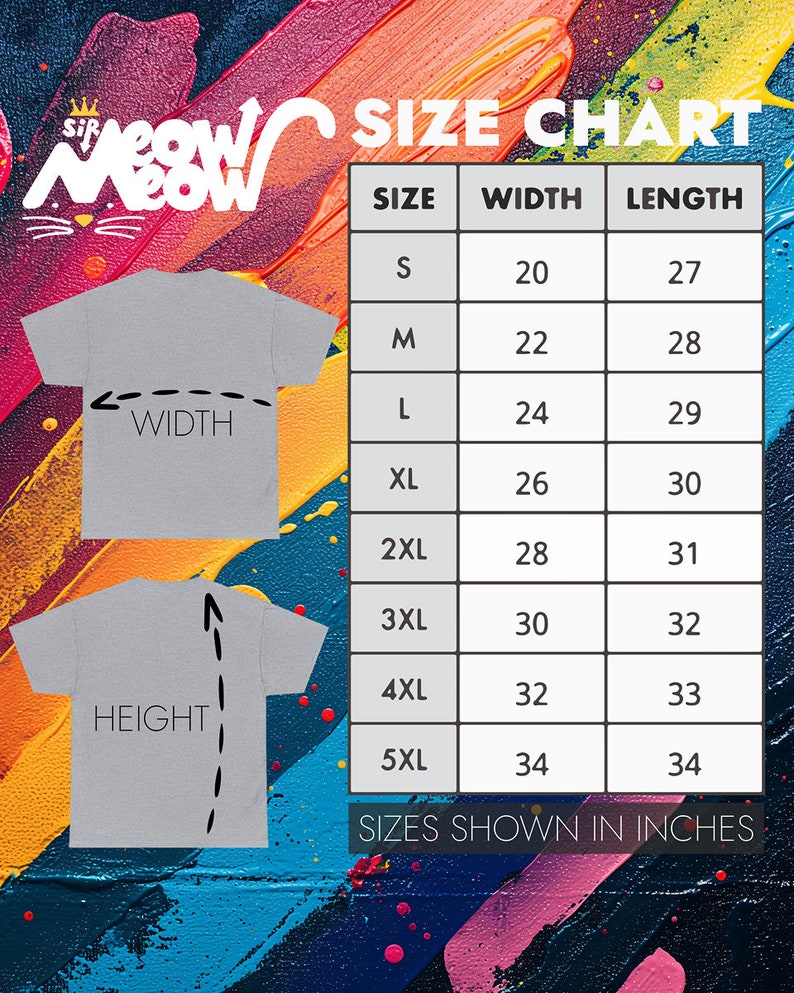 May include: Size chart for a t-shirt with measurements in inches. The chart shows the width and length of the shirt in inches for sizes S, M, L, XL, 2XL, 3XL, 4XL, and 5XL.