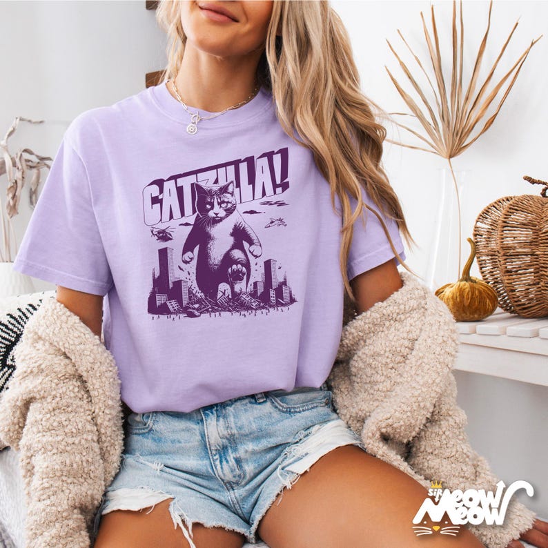 Funny Catzilla Cat T-Shirt: Comfort Colors Unisex Tee Orchid