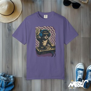 Comfort Colors DJ Cat T-Shirt: Retro Rave Graphic Tee Grape