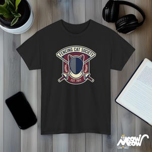 Fencing Cat Society Vintage Style Graphic T-Shirt with Cat Mask and Swords Design Black