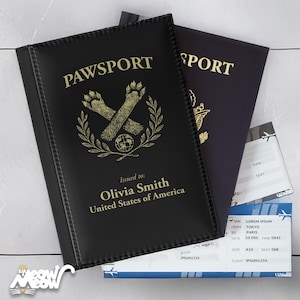 Funda de pasaporte personalizada PawSport con nombre personalizado, regalo para amantes de los perros con bloqueo RFID, billetera de viaje de piel sintética negra, accesorio divertido para mascotas