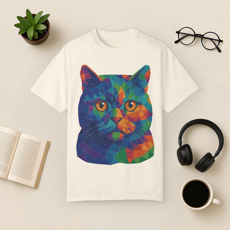 Geometric Cat Shirt: Abstract Rainbow Art Tee image 5