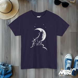 Cat & Wolf Moon T-Shirt | Enchanting Night Silhouette Tee | Unique Animal Lover Gift Blackberry
