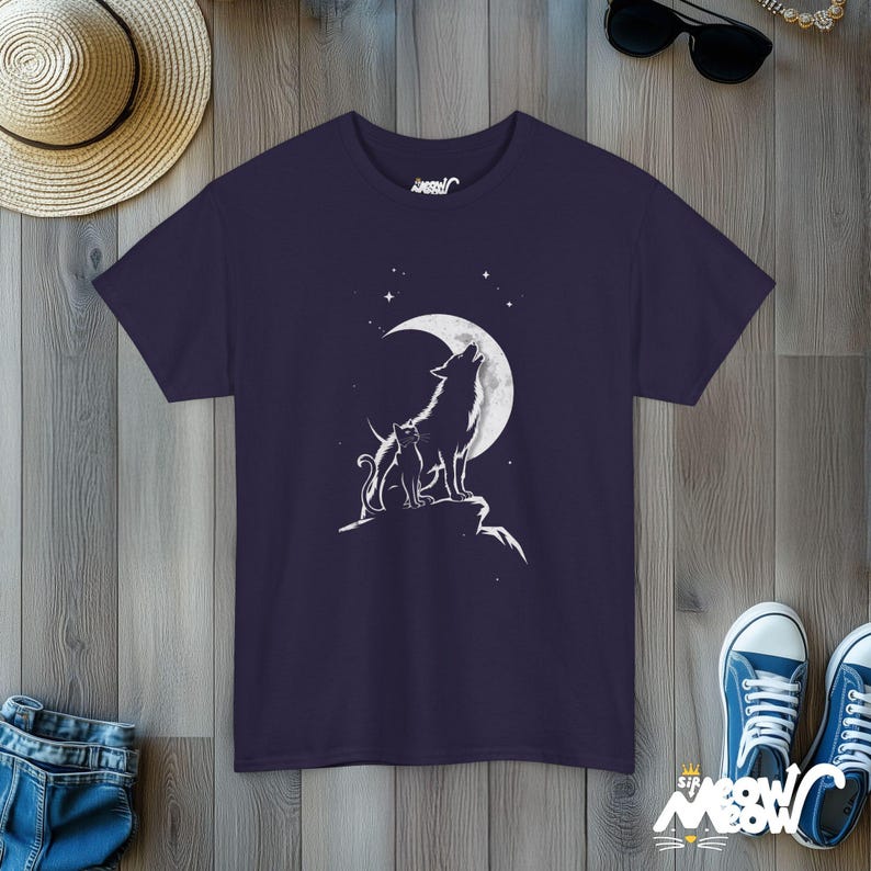 Cat & Wolf Moon T-Shirt | Enchanting Night Silhouette Tee | Unique Animal Lover Gift Blackberry